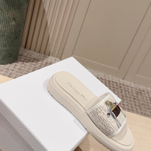 DIOR 26S SLIDE SANDALS IN WHITE LACE MONOGRAM EMBROIDERED CANVAS