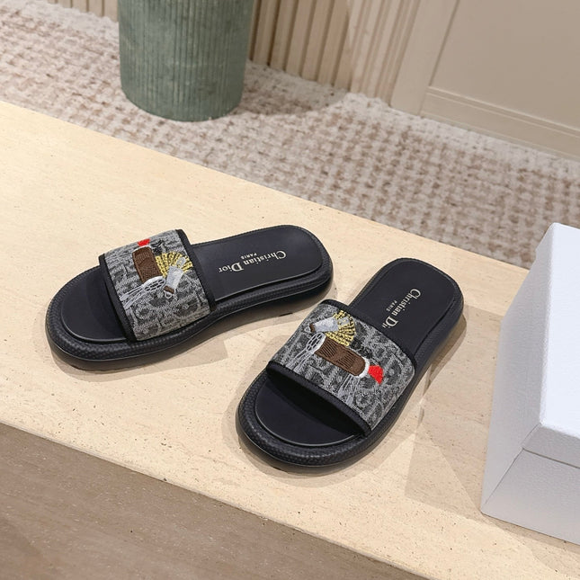 DIOR 26S SLIDE SANDALS IN GREY MONOGRAM EMBROIDERED CANVAS