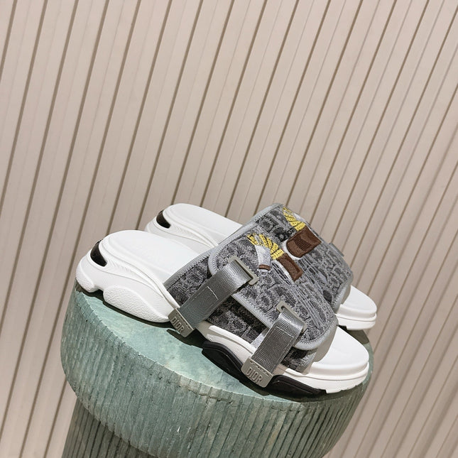 DIOR 26S DOUBLE STRAP SLIDE SANDALS IN GREY MONOGRAM CANVAS