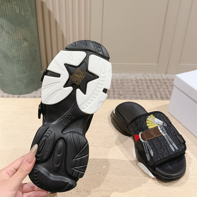 DIOR 26S DOUBLE STRAP SLIDE SANDALS IN BLACK MONOGRAM CANVAS