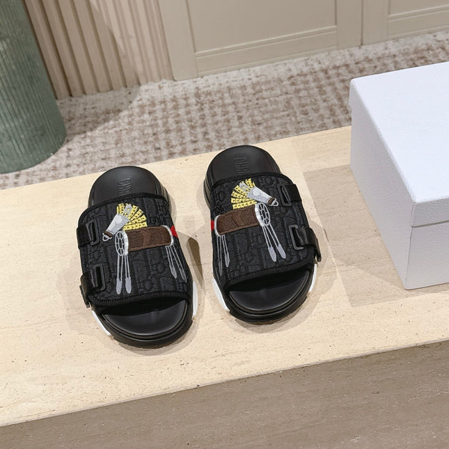 DIOR 26S DOUBLE STRAP SLIDE SANDALS IN BLACK MONOGRAM CANVAS