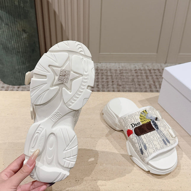 DIOR 26S DOUBLE STRAP SLIDE SANDALS IN WHITE LACE MONOGRAM CANVAS