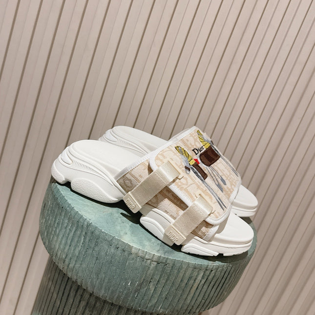 DIOR 26S DOUBLE STRAP SLIDE SANDALS IN BEIGE MONOGRAM CANVAS