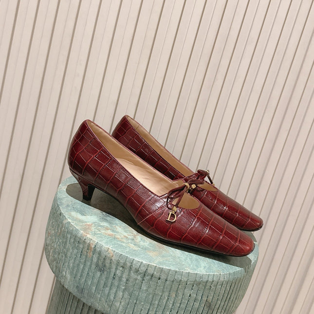 DIOR 26S MARY JANE KITTEN HEEL 40MM IN DARK RED CROCODILE EMBOSSED CALFSKIN