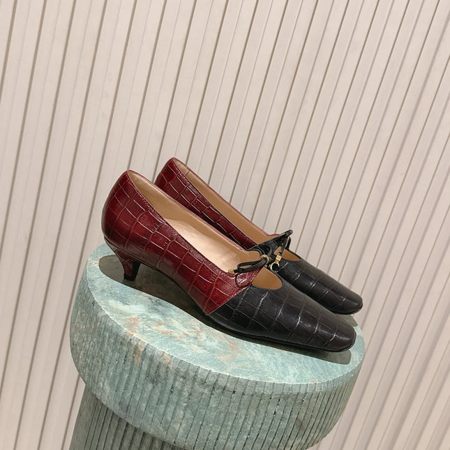 DIOR 26S MARY JANE 40MM IN BLACK AND RED CROCODILE EMBOSSED CALFSKIN KITTEN HEELS
