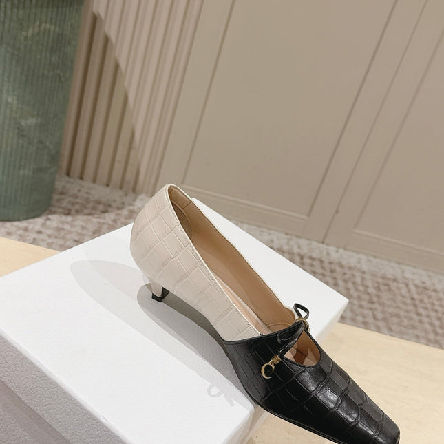 DIOR 26S MARY JANE 40MM IN BLACK AND WHITE CROCODILE EMBOSSED CALFSKIN KITTEN HEELS