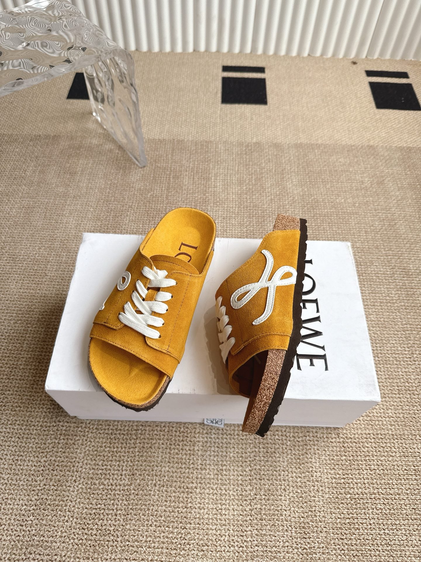 LOEWE 26S LACE-UP FLAT SLIDES IN MUSTARD YELLOW SUEDE