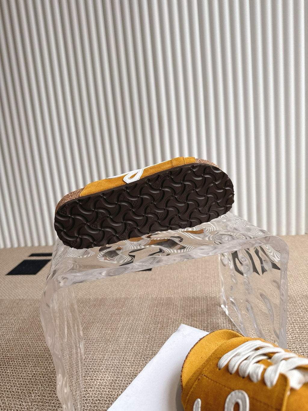LOEWE 26S LACE-UP FLAT SLIDES IN MUSTARD YELLOW SUEDE