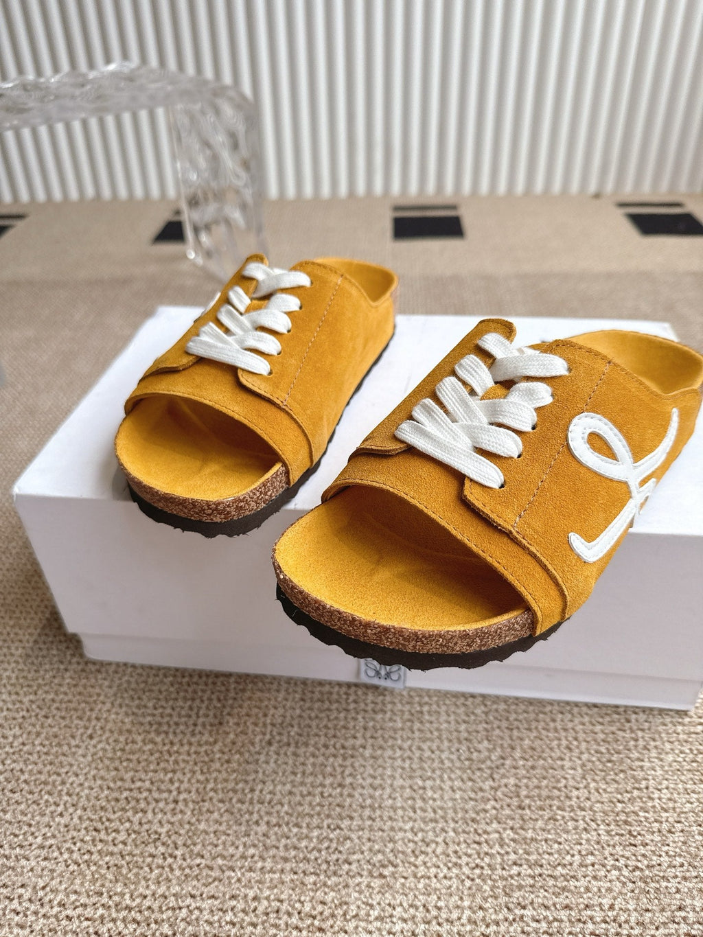 LOEWE 26S LACE-UP FLAT SLIDES IN MUSTARD YELLOW SUEDE