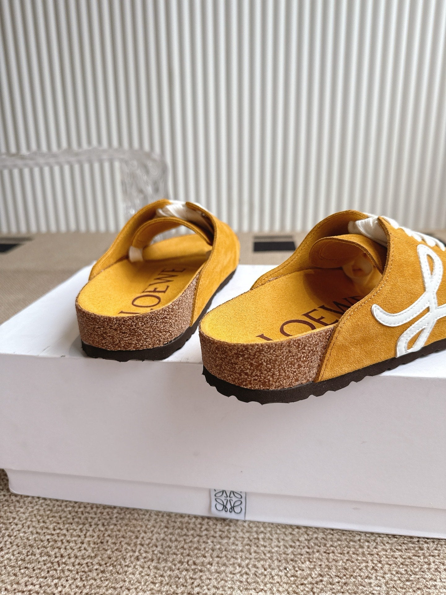 LOEWE 26S LACE-UP FLAT SLIDES IN MUSTARD YELLOW SUEDE