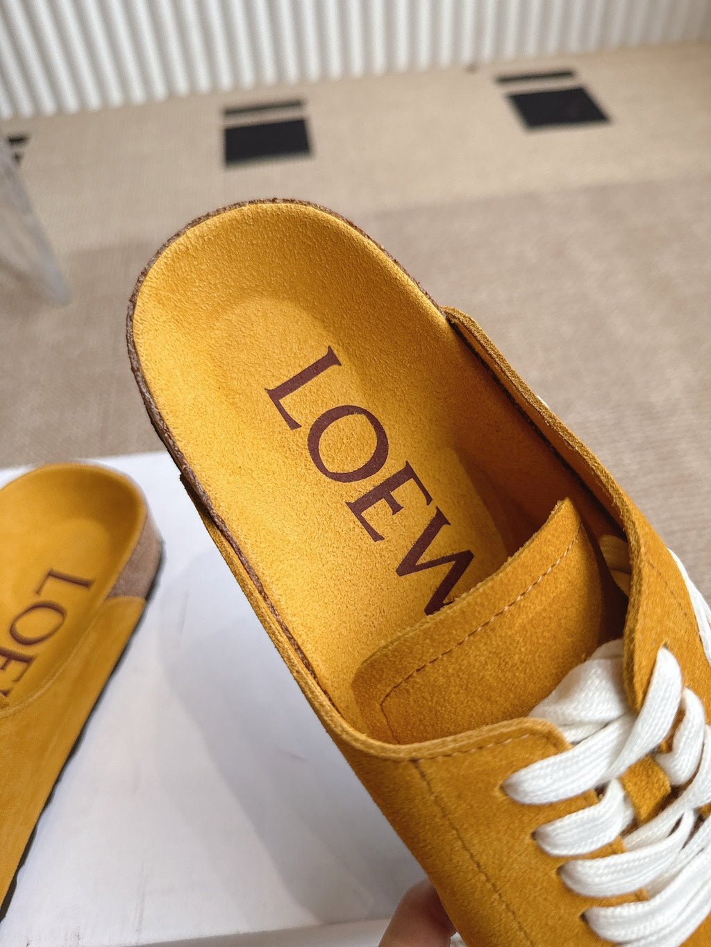 LOEWE 26S LACE-UP FLAT SLIDES IN MUSTARD YELLOW SUEDE