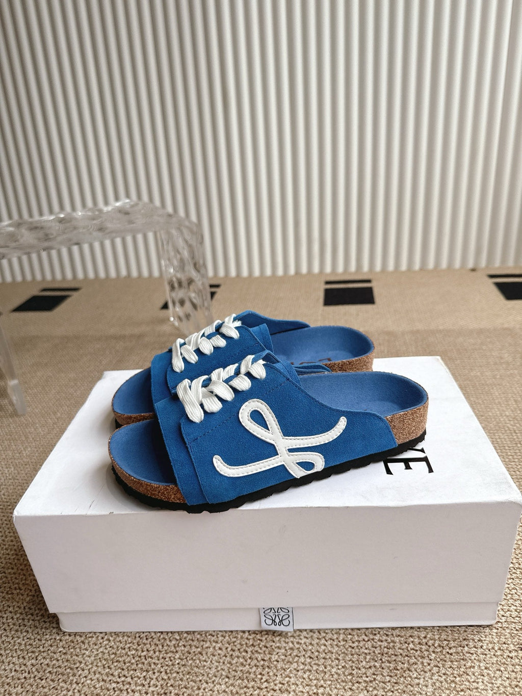 LOEWE 26S LACE-UP FLAT SLIDES IN BLUE SUEDE