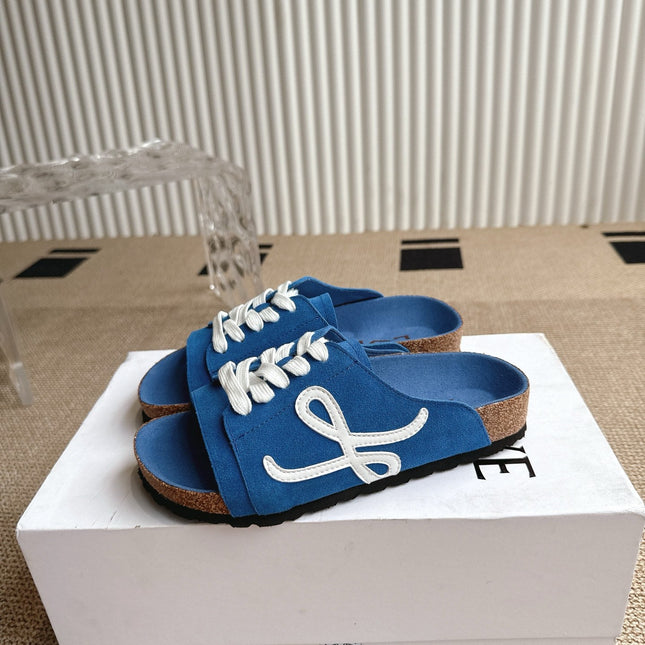 LOEWE 26S LACE-UP FLAT SLIDES IN BLUE SUEDE