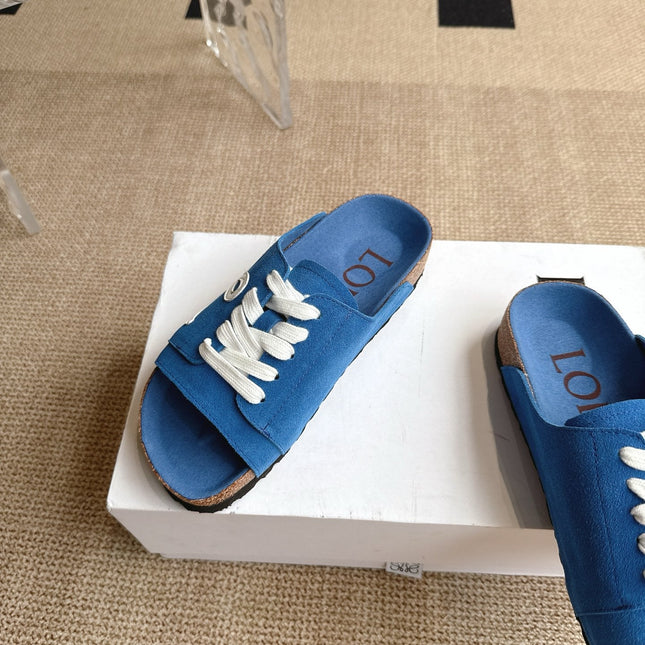 LOEWE 26S LACE-UP FLAT SLIDES IN BLUE SUEDE