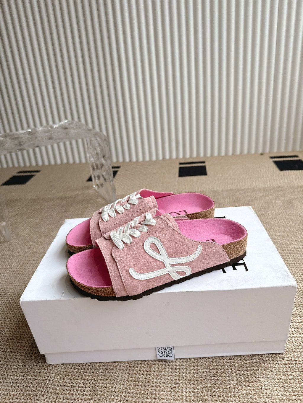 LOEWE 26S LACE-UP FLAT SLIDES IN PINK SUEDE