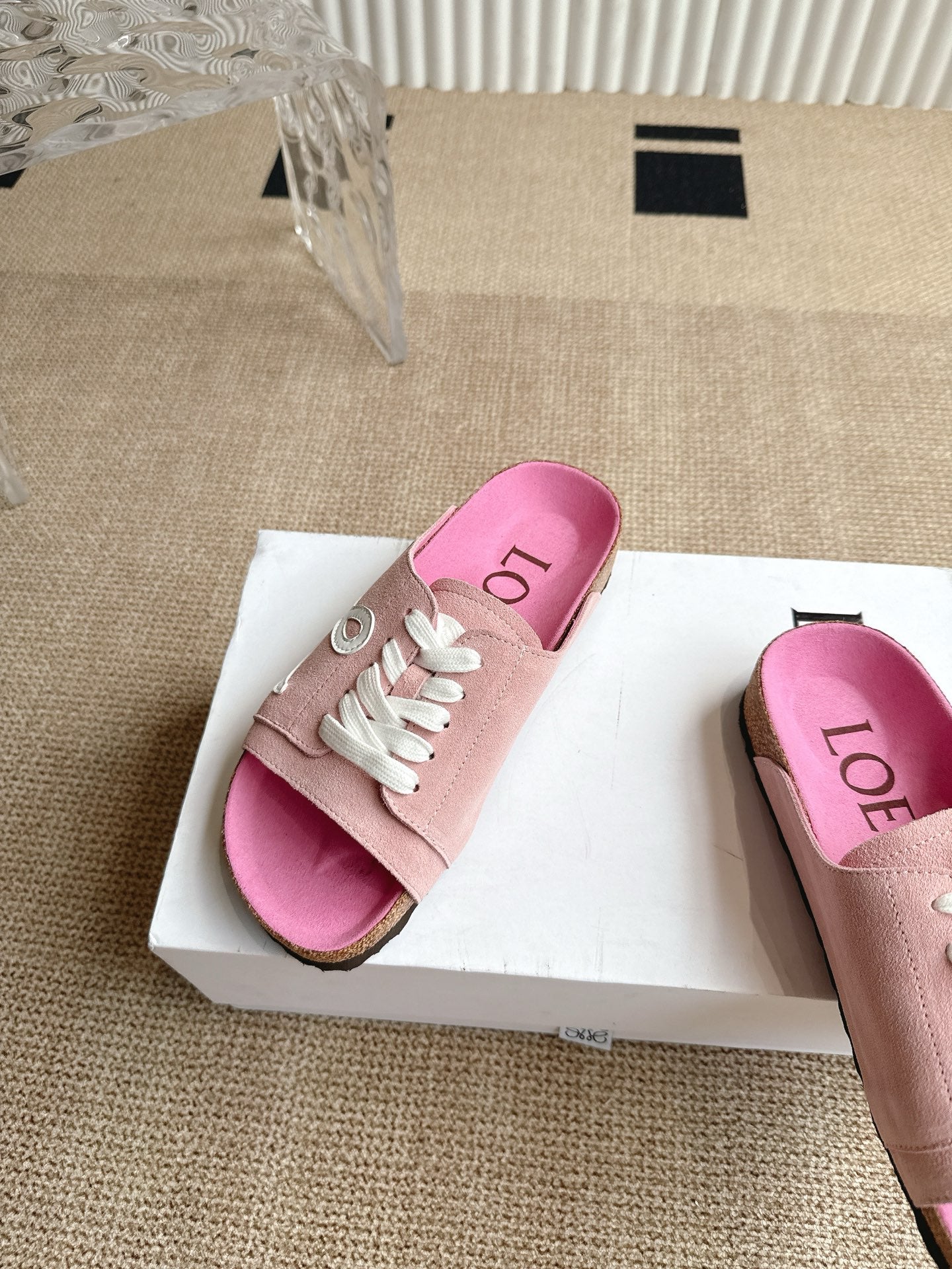 LOEWE 26S LACE-UP FLAT SLIDES IN PINK SUEDE
