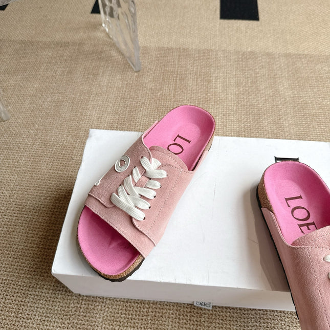 LOEWE 26S LACE-UP FLAT SLIDES IN PINK SUEDE