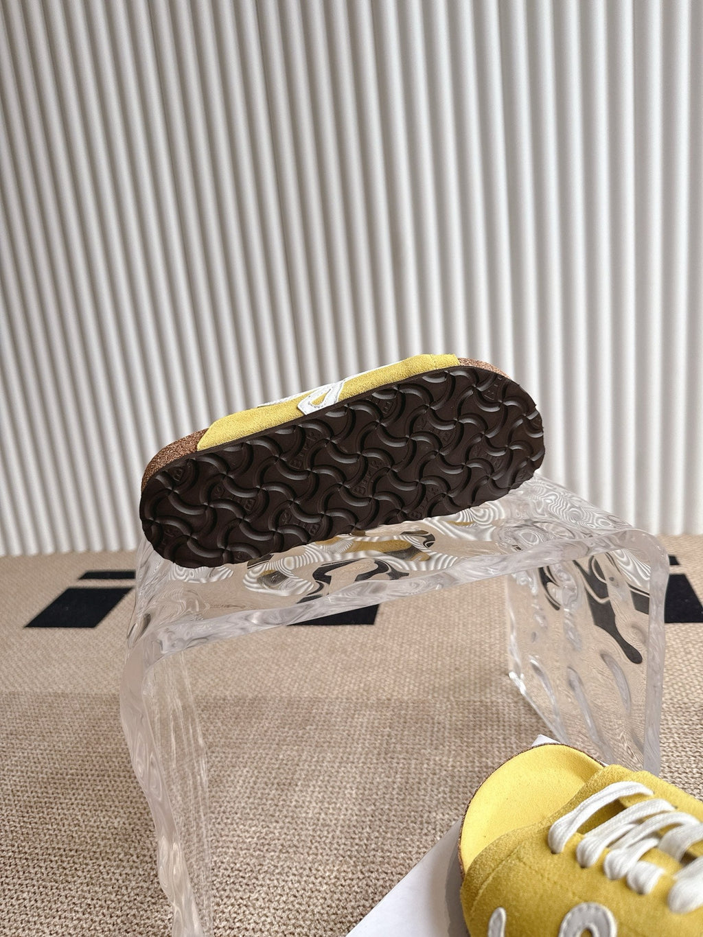 LOEWE 26S LACE-UP FLAT SLIDES IN YELLOW SUEDE