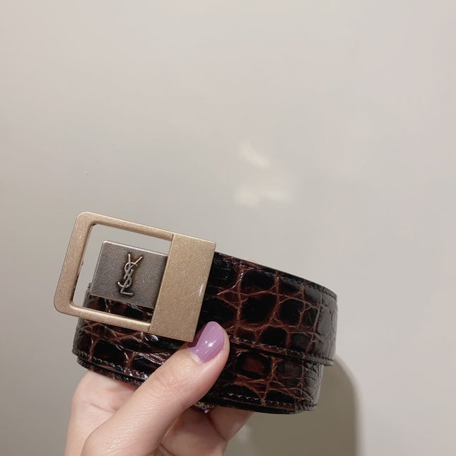 YSL 25S BELT 30 MM IN DARK BROWN EMBOSSED CALFSKIN 520631