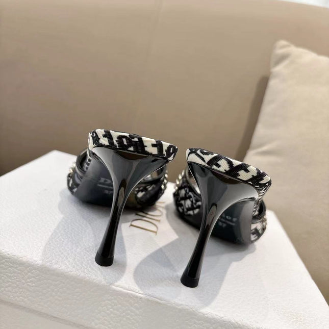 DIOR 26S KITTEN HEEL SLIDE SANDALS 85MM IN BLACK MONOGRAM CANVAS CALFSKIN CHAIN STRAP