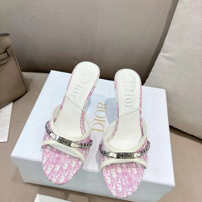 DIOR 26S KITTEN HEEL SLIDE SANDALS 85MM IN PINK MONOGRAM CANVAS CALFSKIN CHAIN STRAP