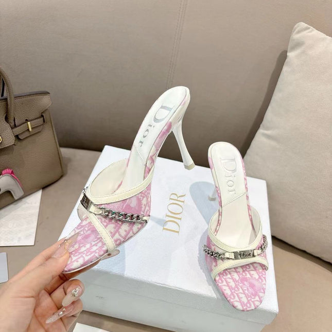 DIOR 26S KITTEN HEEL SLIDE SANDALS 85MM IN PINK MONOGRAM CANVAS CALFSKIN CHAIN STRAP