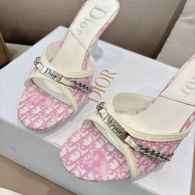 DIOR 26S KITTEN HEEL SLIDE SANDALS 85MM IN PINK MONOGRAM CANVAS CALFSKIN CHAIN STRAP