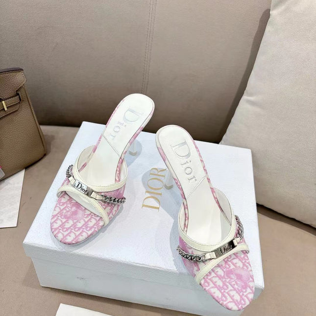 DIOR 26S KITTEN HEEL SLIDE SANDALS 85MM IN PINK MONOGRAM CANVAS CALFSKIN CHAIN STRAP