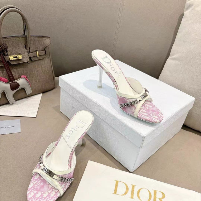 DIOR 26S KITTEN HEEL SLIDE SANDALS 85MM IN PINK MONOGRAM CANVAS CALFSKIN CHAIN STRAP