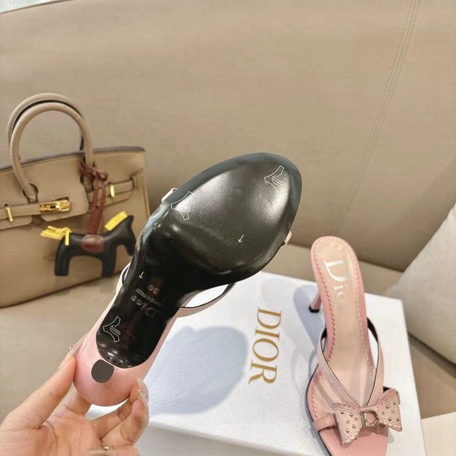 DIOR 26S KITTEN HEEL SANDALS 85MM IN PINK CALFSKIN BOW STUDDED