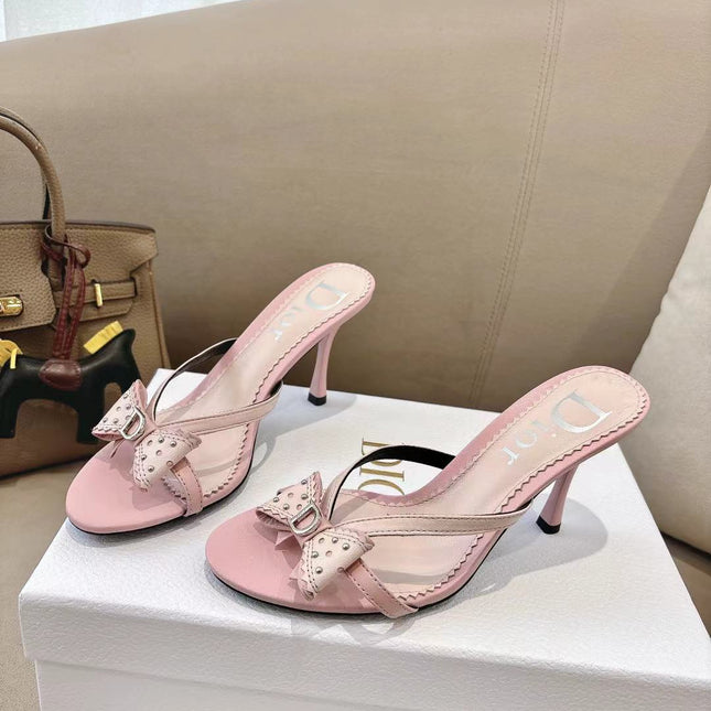DIOR 26S KITTEN HEEL SANDALS 85MM IN PINK CALFSKIN BOW STUDDED