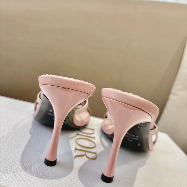 DIOR 26S KITTEN HEEL SANDALS 85MM IN PINK CALFSKIN BOW STUDDED
