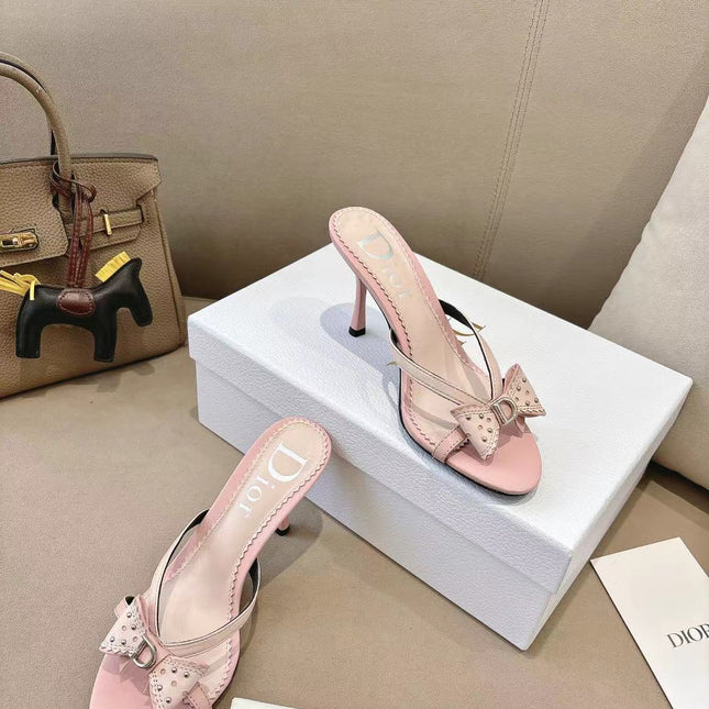 DIOR 26S KITTEN HEEL SANDALS 85MM IN PINK CALFSKIN BOW STUDDED