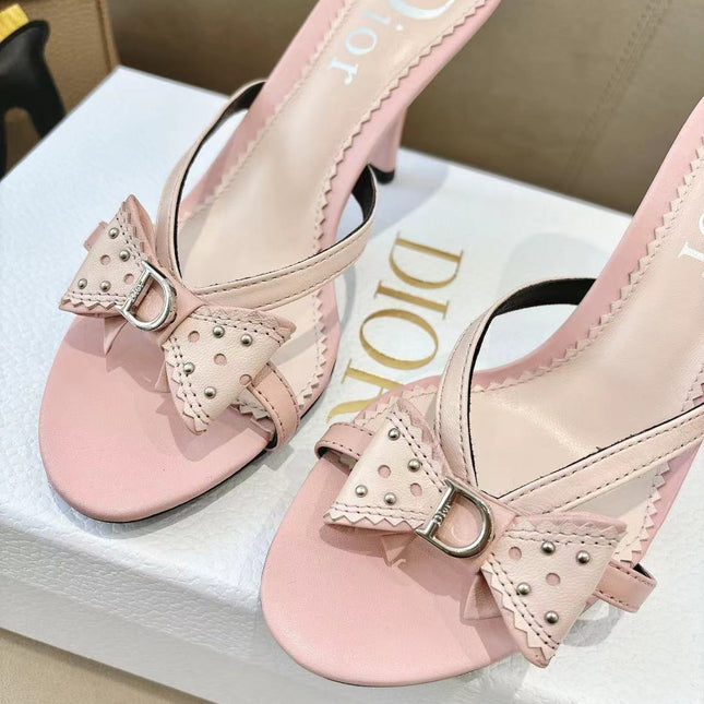DIOR 26S KITTEN HEEL SANDALS 85MM IN PINK CALFSKIN BOW STUDDED