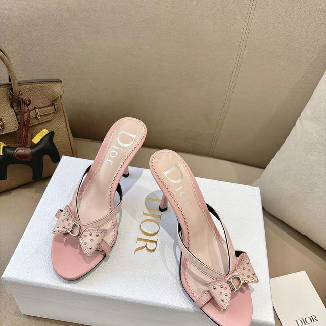 DIOR 26S KITTEN HEEL SANDALS 85MM IN PINK CALFSKIN BOW STUDDED