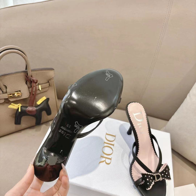 DIOR 26S KITTEN HEEL SANDALS 85MM IN BLACK CALFSKIN BOW STUDDED