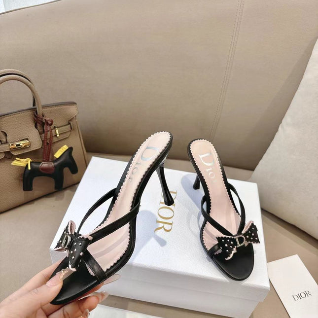 DIOR 26S KITTEN HEEL SANDALS 85MM IN BLACK CALFSKIN BOW STUDDED
