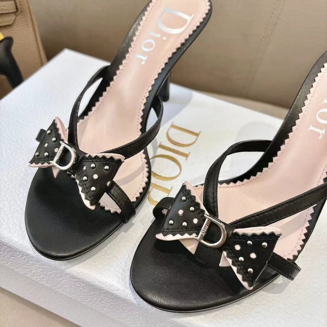 DIOR 26S KITTEN HEEL SANDALS 85MM IN BLACK CALFSKIN BOW STUDDED