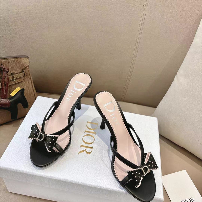 DIOR 26S KITTEN HEEL SANDALS 85MM IN BLACK CALFSKIN BOW STUDDED