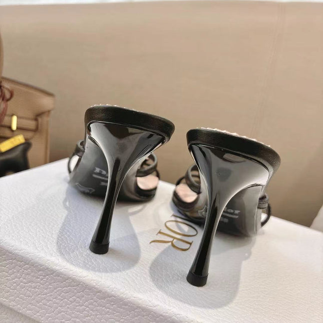 DIOR 26S KITTEN HEEL SANDALS 85MM IN BLACK CALFSKIN BOW STUDDED