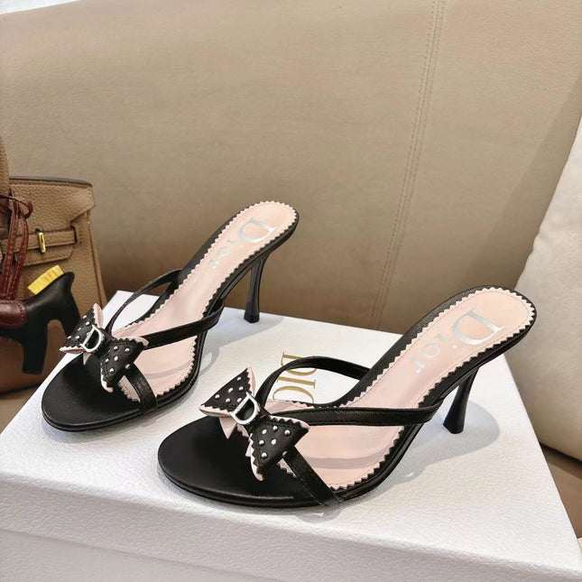 DIOR 26S KITTEN HEEL SANDALS 85MM IN BLACK CALFSKIN BOW STUDDED