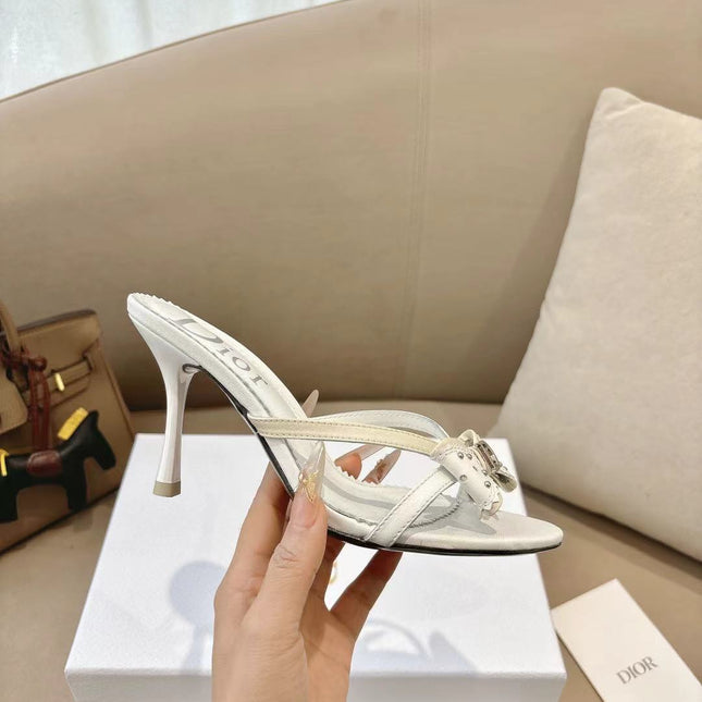 DIOR 26S KITTEN HEEL SANDALS 85MM IN WHITE CALFSKIN BOW STUDDED