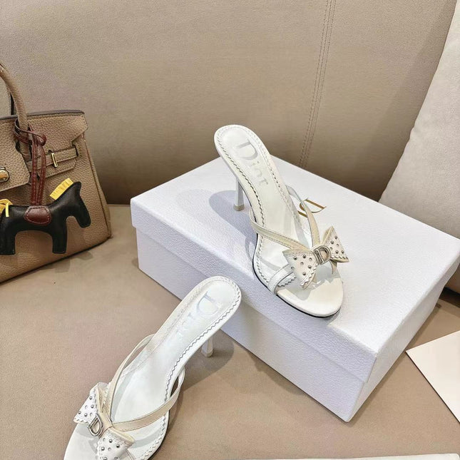 DIOR 26S KITTEN HEEL SANDALS 85MM IN WHITE CALFSKIN BOW STUDDED