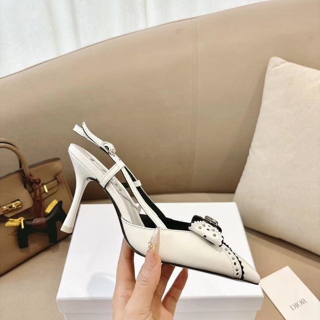 DIOR 26S SLINGBACK KITTEN HEEL PUMPS 85MM IN WHITE CALFSKIN STUDDED BOW STRAP