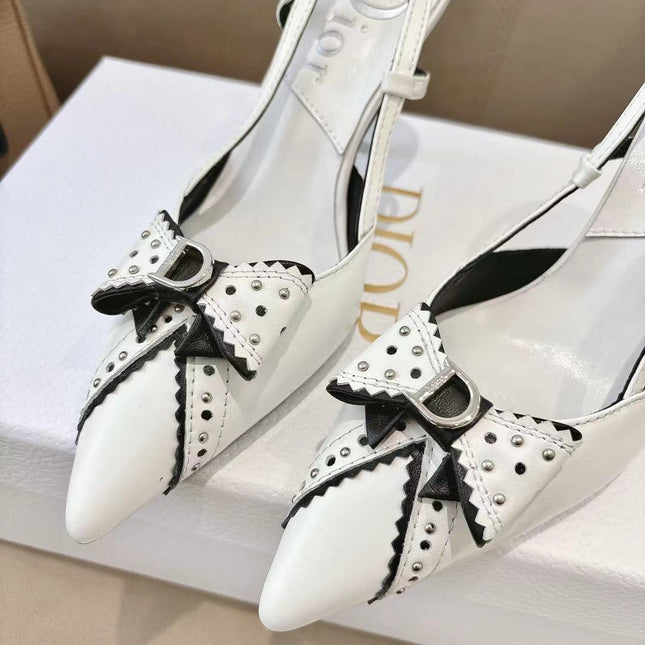 DIOR 26S SLINGBACK KITTEN HEEL PUMPS 85MM IN WHITE CALFSKIN STUDDED BOW STRAP