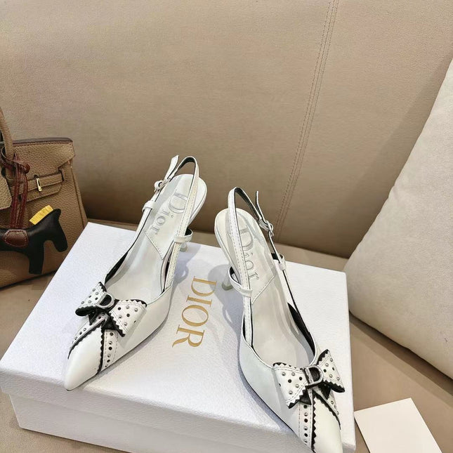 DIOR 26S SLINGBACK KITTEN HEEL PUMPS 85MM IN WHITE CALFSKIN STUDDED BOW STRAP