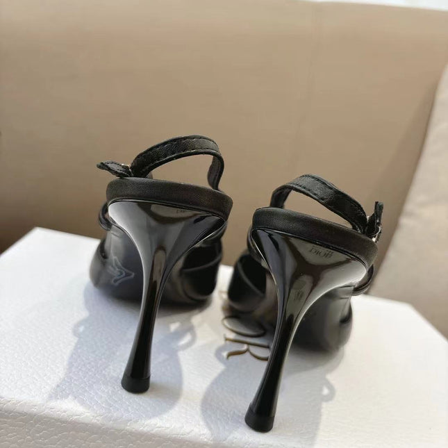 DIOR 26S SLINGBACK KITTEN HEEL PUMPS 85MM IN BLACK CALFSKIN STUDDED BOW STRAP