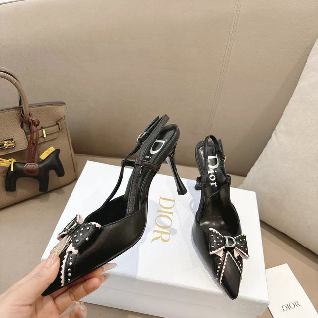 DIOR 26S SLINGBACK KITTEN HEEL PUMPS 85MM IN BLACK CALFSKIN STUDDED BOW STRAP