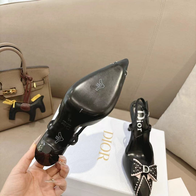 DIOR 26S SLINGBACK KITTEN HEEL PUMPS 85MM IN BLACK CALFSKIN STUDDED BOW STRAP
