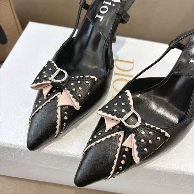 DIOR 26S SLINGBACK KITTEN HEEL PUMPS 85MM IN BLACK CALFSKIN STUDDED BOW STRAP